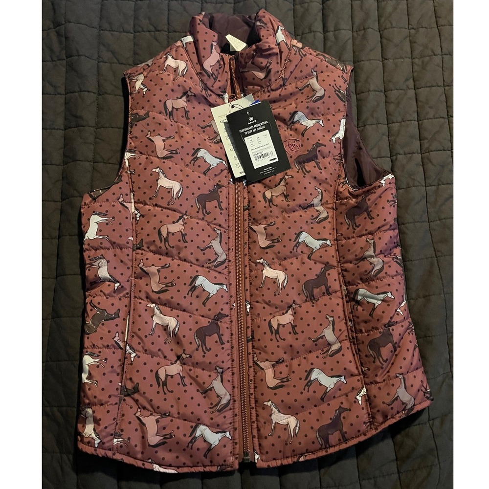 Ariat Bella Reversible Puffer Vest Youth Medium Horse Print Wild Ginger Mulberry